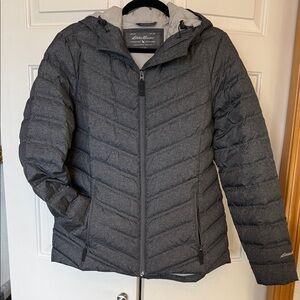 Eddie Bauer Women's Heather Charcoal Packable Hooded Puffer Jacket